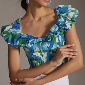 Maeve Anthropologie Blue Green Floral Crop Top Womens XSP Ruffled Pleated Shirt